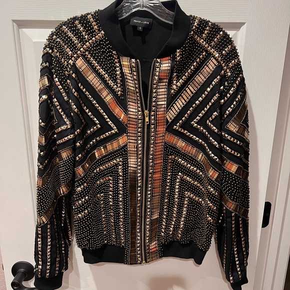 Peace & Love Black and Gold Sequins Bomber Jacket - Picture 3 of 7